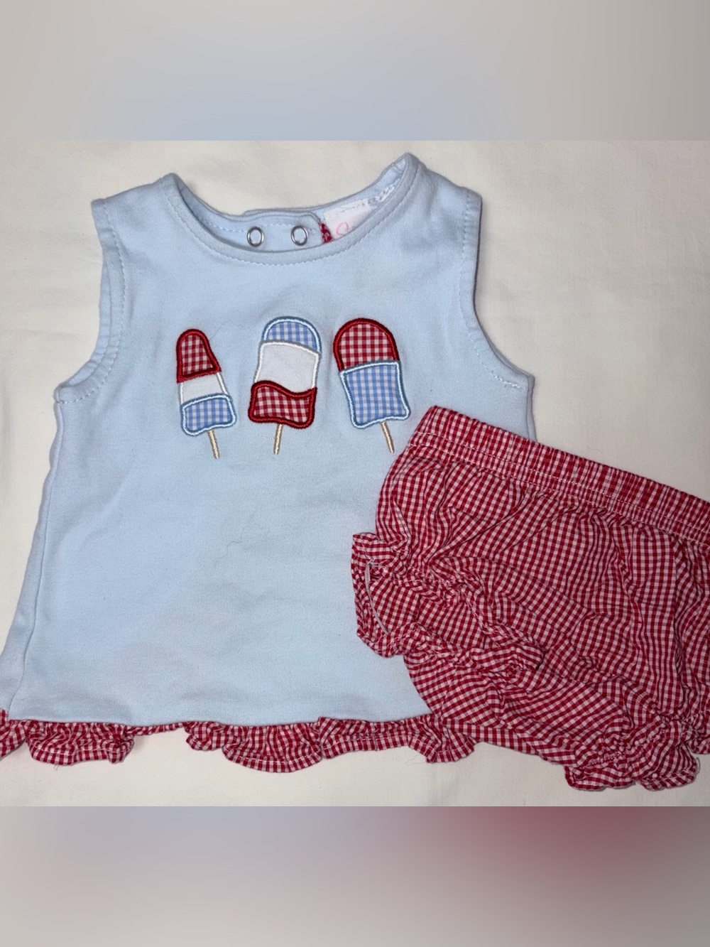 Stitchy Fish swing top w/popsicle applique and matching bloomers sz 6 mo EUC